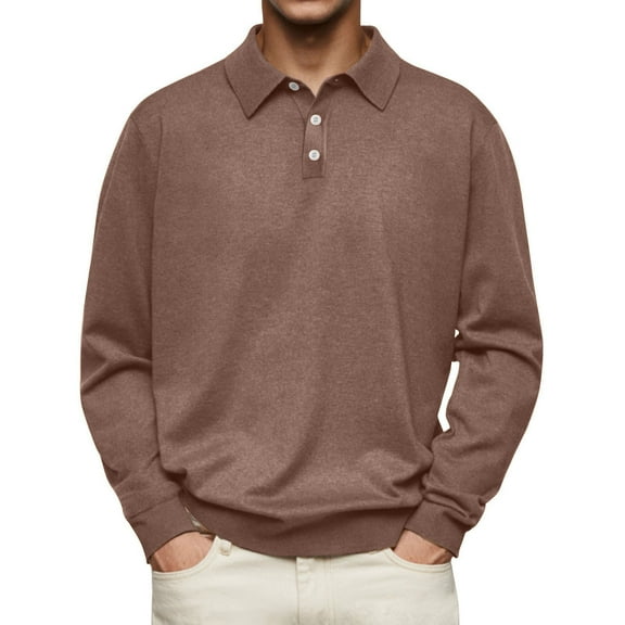 Mens Casual Knit Polo Collared Sweaters Business Fall Winter Long Sleeve Solid Color Color versatile Top Brown S