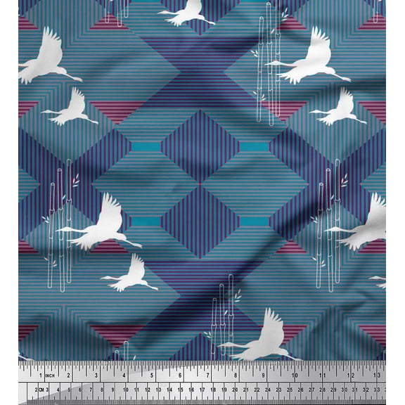 Soimoi Silk Fabric Geometric & Flying Stork Bird Printed Fabric 1 Yard 42 Inch Wide