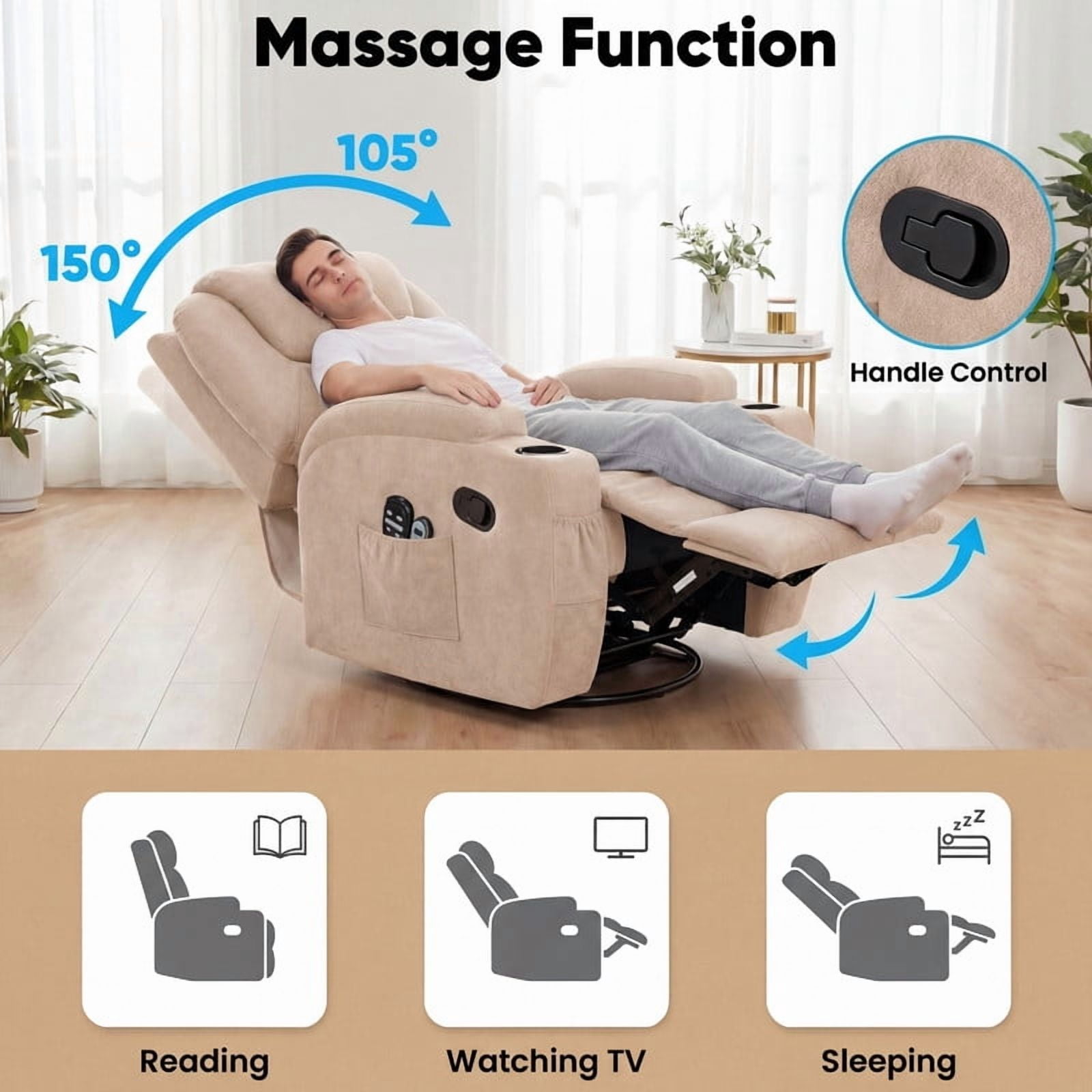 Lacoo PU Leather Swivel Rocker Recliner with Massage for Living Room Small Spaces Lounge Recliner Chair with Side Pockets for Adults,Linen Beige