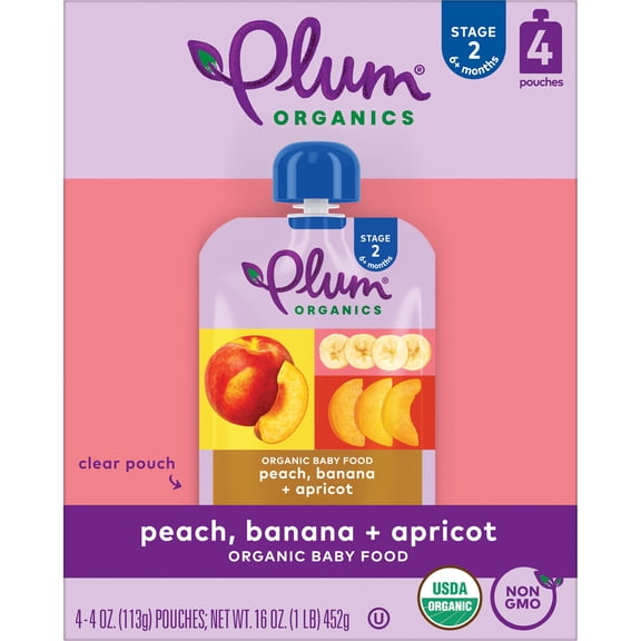 Plum Organics Stage 2 Organic Baby Food Peach, Banana and Apricot 4oz Pouch-4-Pack
