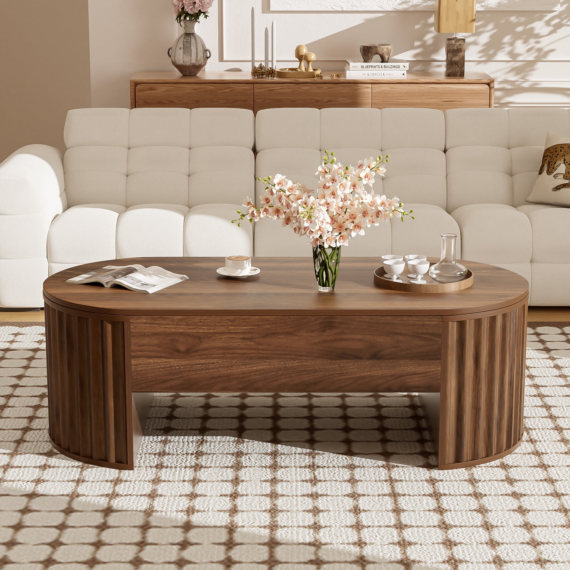Euroco Lift-Top Coffee Table with Hidden Storage, Hydraulic Mechanism, Wavy Groove Design, Scratch-Resistant MDF Wood Finish