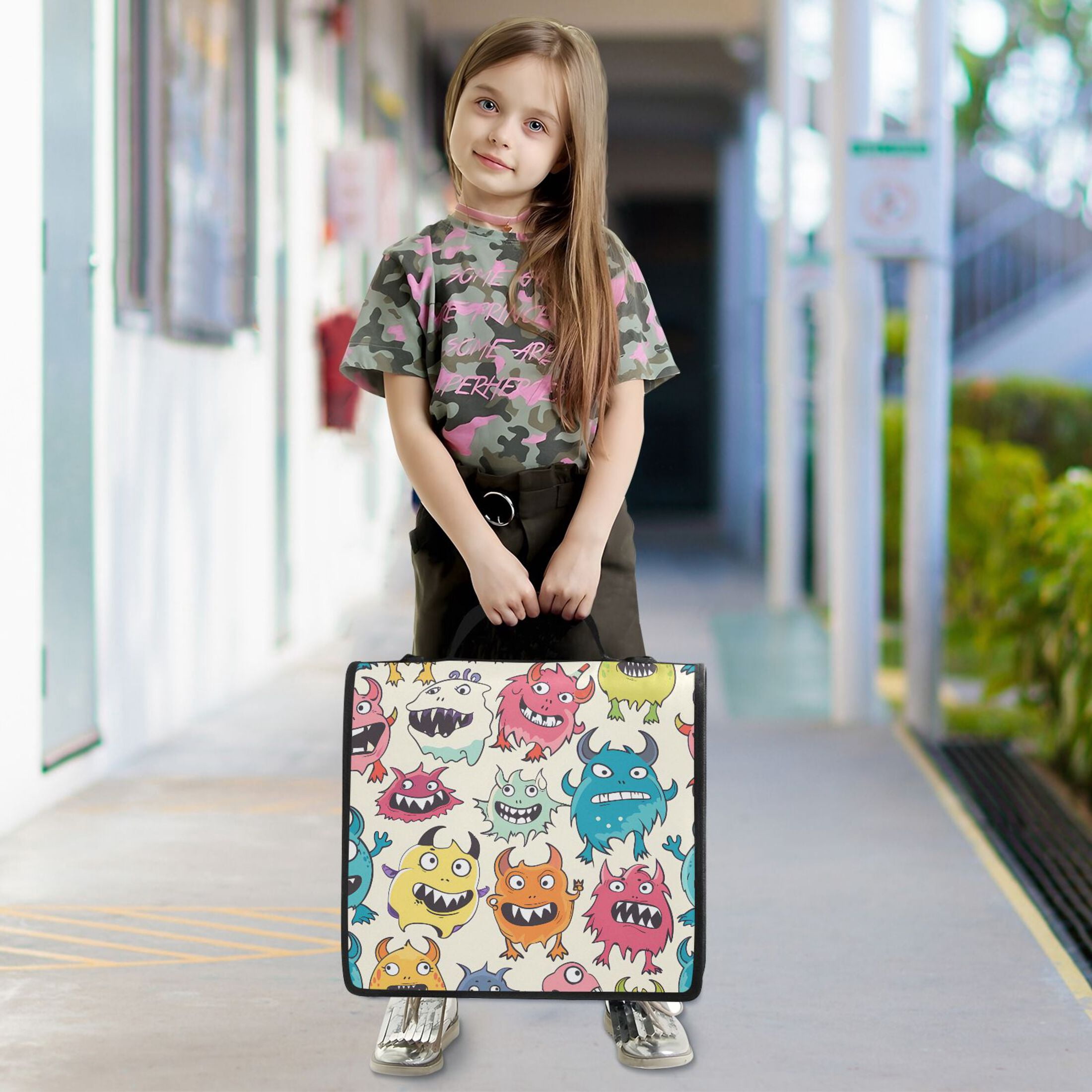 3 Ring Zipper Binder with Shoulder Strap Waterproof Trapper Keeper 2 Inch D-Ring 500 Sheets Capacity Cartoon Lovely Monsters