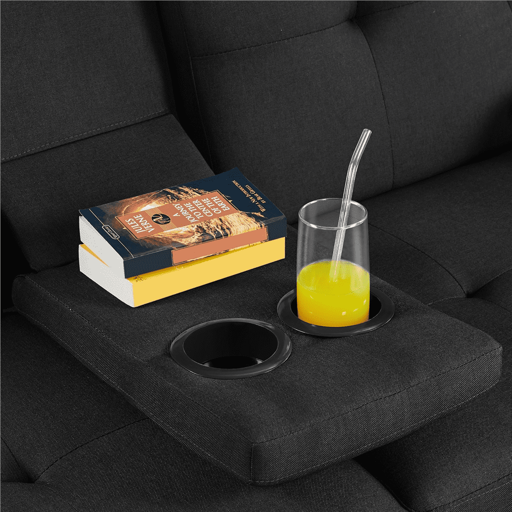 Renwick Fabric Upholstered Convertible Futon Sofa Bed with Cup Holders and Pillows, Black