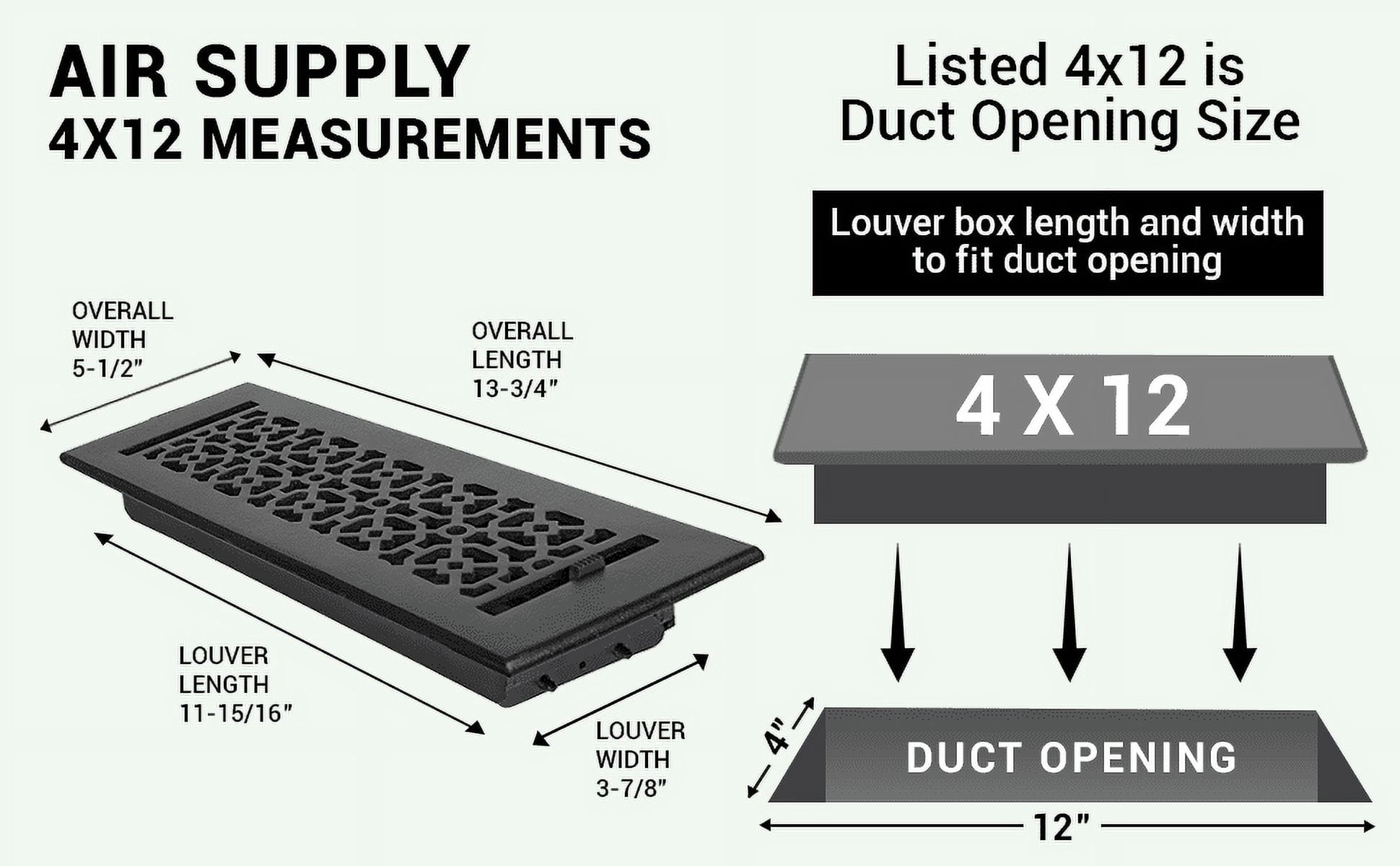 Achtek Air Supply Vent 4"x 12" Duct Opening (Overall 5-1/2"x 13-3/4") Solid Cast Aluminum Register Cover | Powder Coated