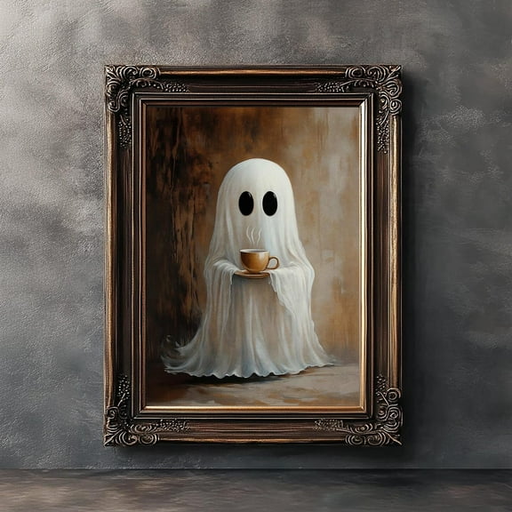 Ghost Drinking Coffee Posters Vintage Gothic Print Poster Wall Art Canvas Artwork Home Ghost Coffee Kitchen Halloween Decoration No Frame