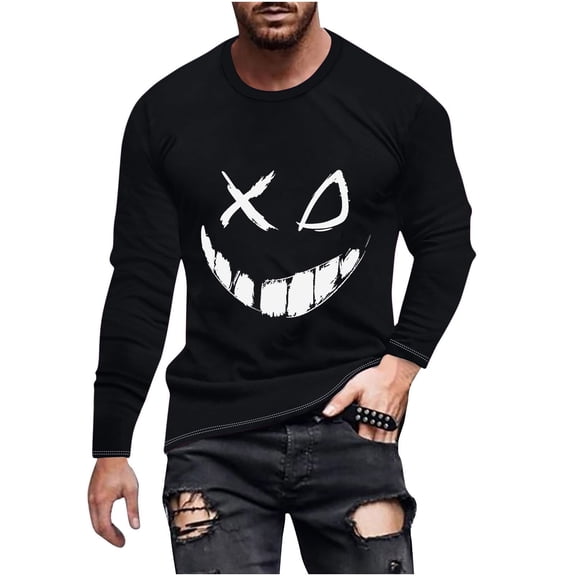 WREESH Halloween Long Sleeve Tops Fashionable Men's Printed Top with Long Sleeved Round Neck and Smiling Face Printed Top/Shirt Black