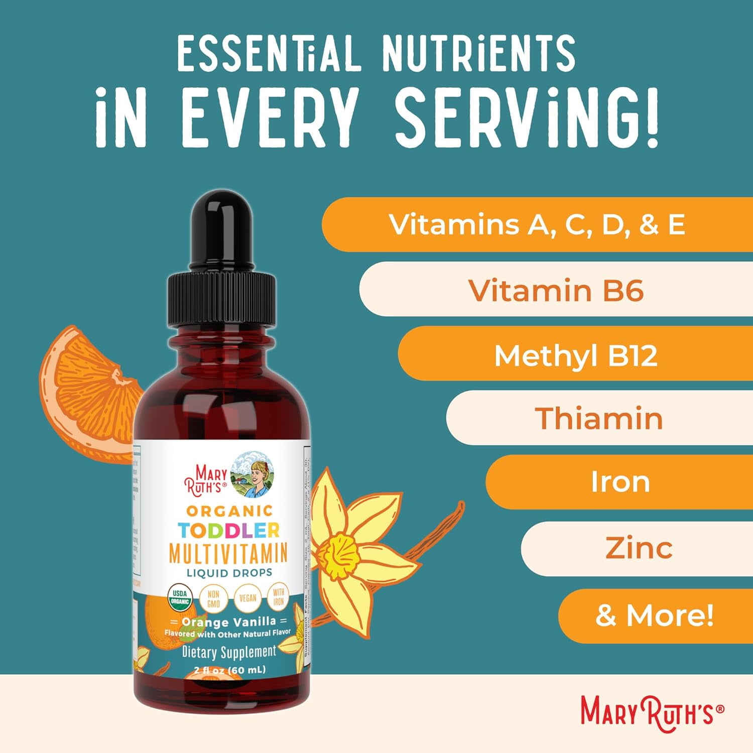 MaryRuth's Organic Toddler Multivitamin Liquid Drops with Iron Orange Vanilla Vegan, Non-GMO 2 fl oz / 60 ml Overall Wellness