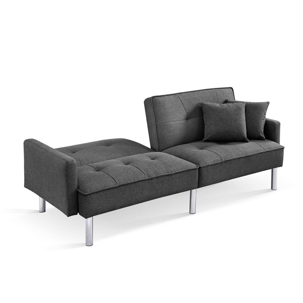 Tufted Futon Convertible Sofa Sleeper with Two Throw Pillows in Dark Grey Velvet