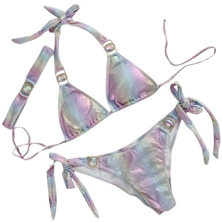JIANJIA Womens Swimsuits Gradient Print Lace Up Halter Sexy Brassiere With Thongs Sexy Sparkly Beach Swimsuit Three Piece Bikinis Swimwears Activewear Silver M