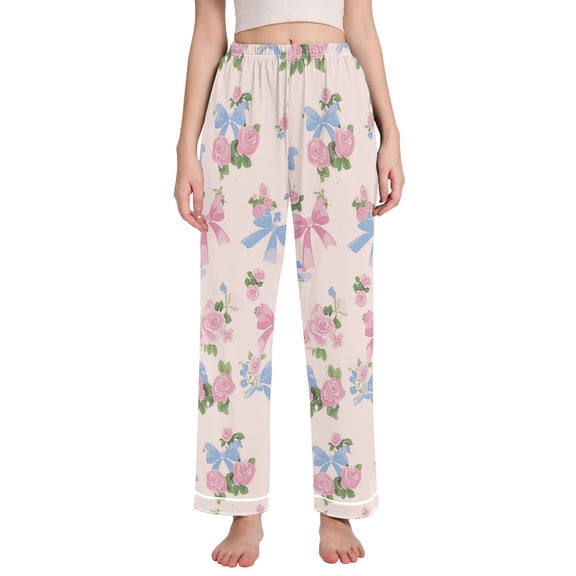 Dailycode Women's Pajama Pants Wide Leg Lounge Pj Bottoms With Pockets Pink Rose and Bow