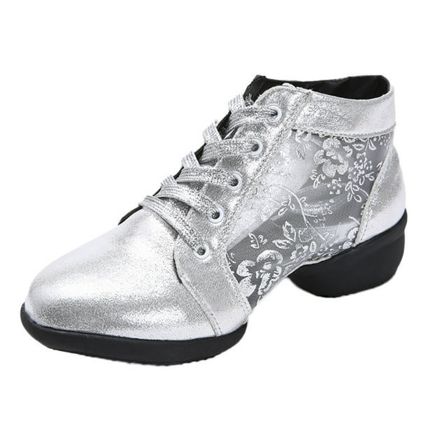 CBGELRT Shoes for Women Adult Mesh Dance Shoes Fashion Prom Ballroom Latin Salsa Dancing Shoes Floral Lace Up Fashion Sneakers Women's Casual Shoes Singler Booties Silver Asian Size 40 -