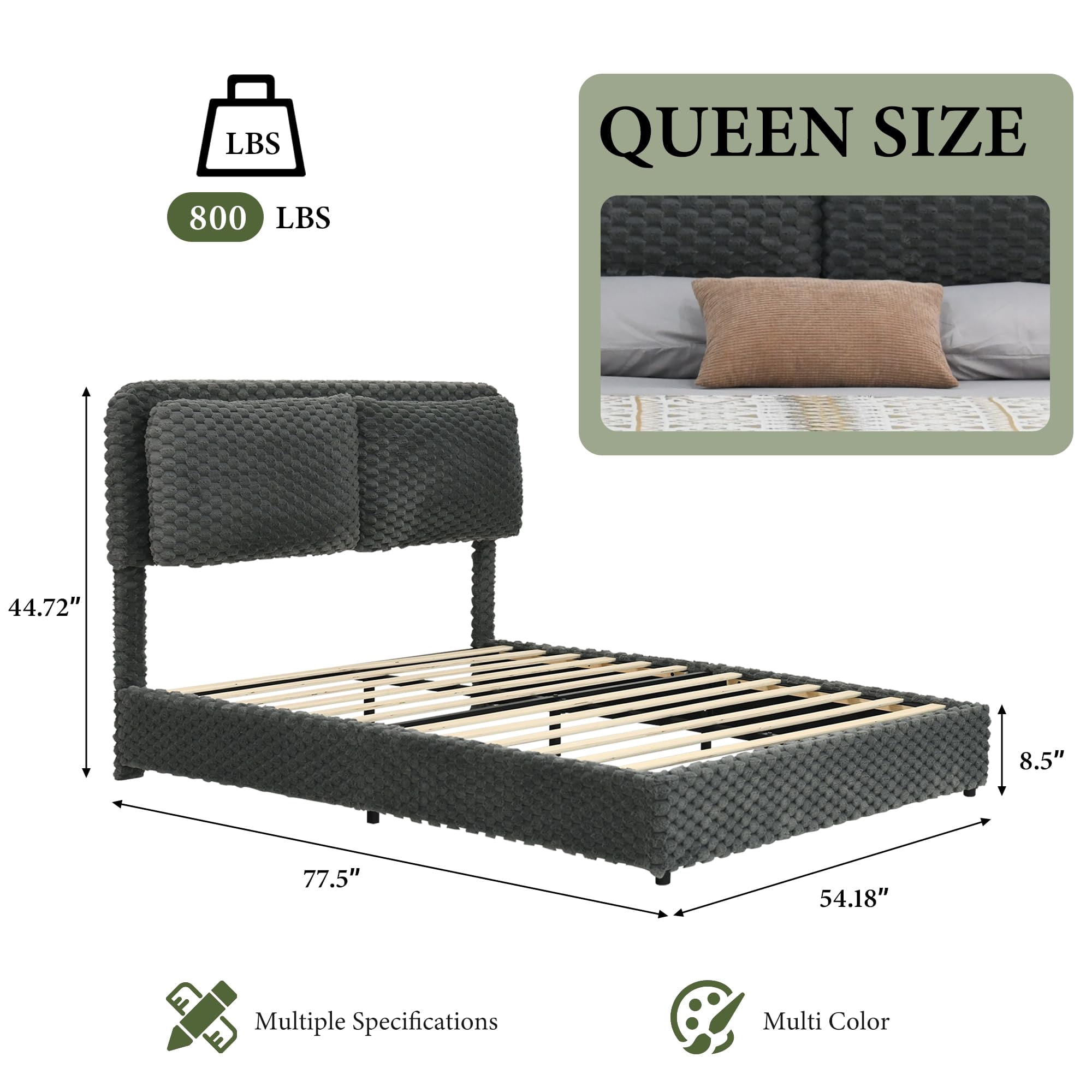 4 EVER WINNER Queen Bed Frame, Queen Size bed Frame with Headboard, Upholstered Bed Frame with Removable Pillows, Grey