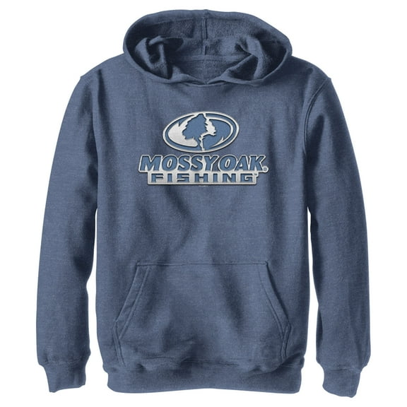 Boy's Mossy Oak Blue Fishing Logo  Pull Over Hoodie Navy Blue Heather Large