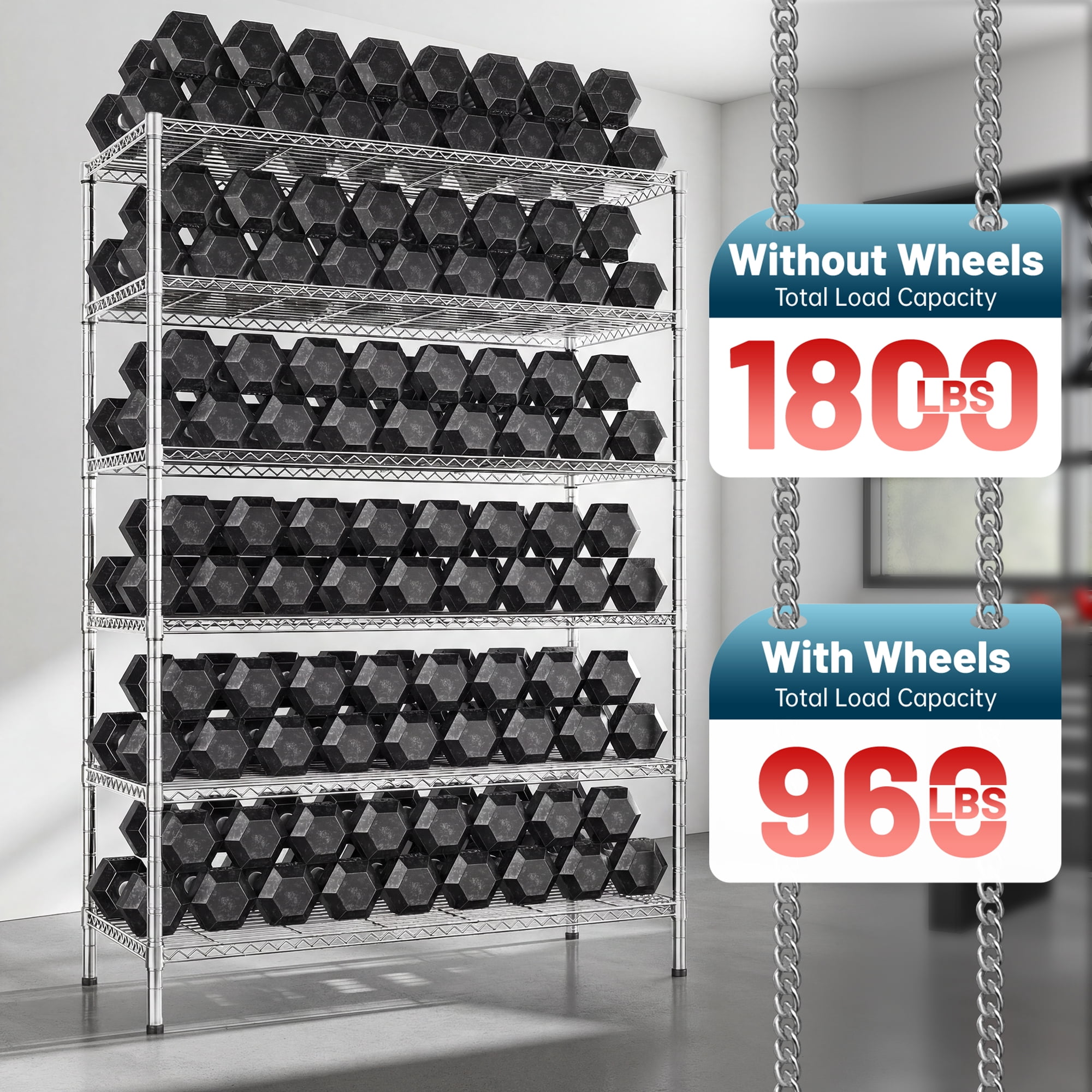 REIBII 6-Tier Wire Shelving Unit with Wheels, 82"H x 45"W x 18"D, 1800lbs Capacity,Adjustable Metal Storage Shelves for Garage,Kitchen,Pantry,Silver