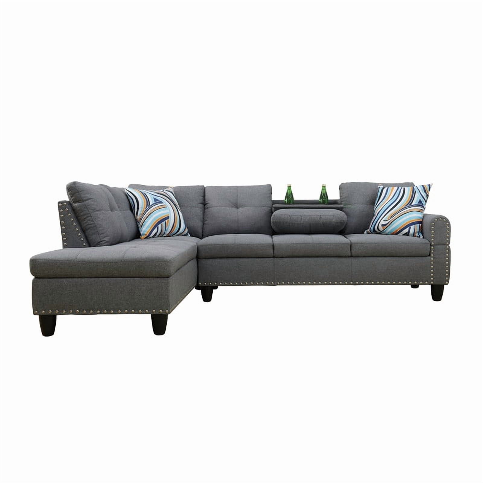 Howcool L-Shape Sectional Sofa with Cup Holders,3-Piece Gray Sectional Sofa Couch,2 Toss Pillows,Nailhead Trim, Left-Facing