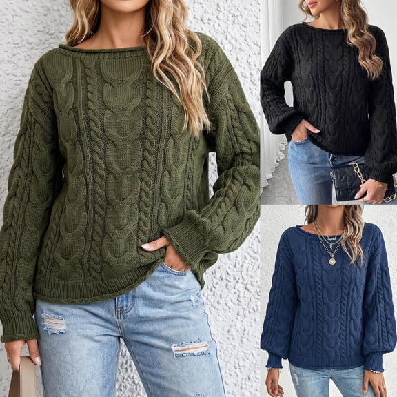 Women's Oversized Cable Knit Sweaters Boat Neck Long Sleeve Sweater Top Soft Stretch Knitted Pullover Tops Fall Winter Fashion Tops Navy