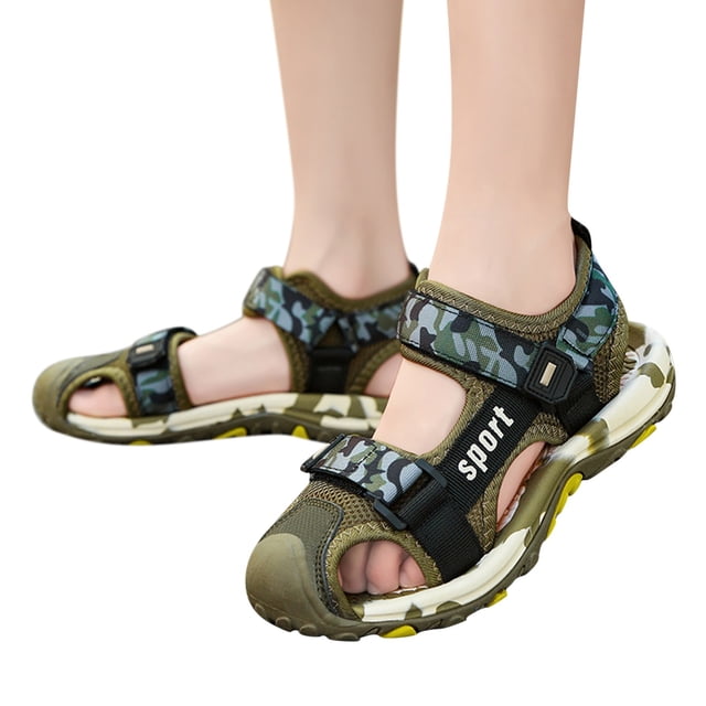 GiLiling Kids Closed-Toe Sport Sandals, Protective Toe Cap Camo Webbing Adjustable Hook-and-Loop Straps, Non-Slip Thick Rubber Sole Outdoor Hiking Beach Sandals (Green, 7-8 Years)