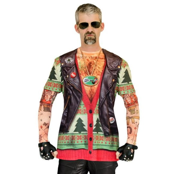 Faux Real Shirt F130931-XL Hommes Motard Laid Pull de Noël avec des Tatouages T-Shirt & 44; Multicolore - Extra Large