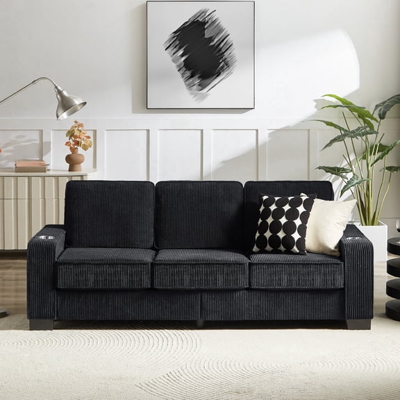 Compressed Couch Sofa with 2 Cup Holder, Modern Corduroy Fabric Sofa Cloud Couch with Side Pocke, Comfy Upholstered 3-Seater Loveseat Sofa Bed Couches for Living Room, Apartment, Black