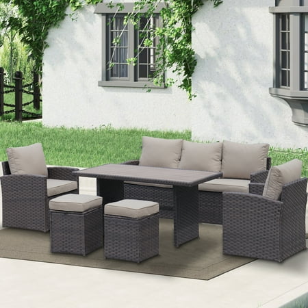 UWR-Nite 7 Pieces Outdoor Furniture Set Wicker Rattan Patio Sectional Sofa Sets Wicker Sectional Patio Set Patio Dining Furniture with Table & Chair & Ottoman