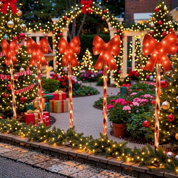 5 Pack Solar Christmas Bow Stake Lights, Outdoor Christmas Yard Decorative Lights, IP65 Waterproof LED Pathway Lights for Lawn Driveway Porch Holiday Decorations