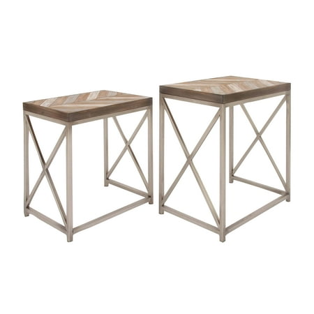 Art Deco Nesting Tables - Decmode Set of 2 Contemporary 23 and 26 Inch Rectangular Iron and Wood Nesting Tables, Silver