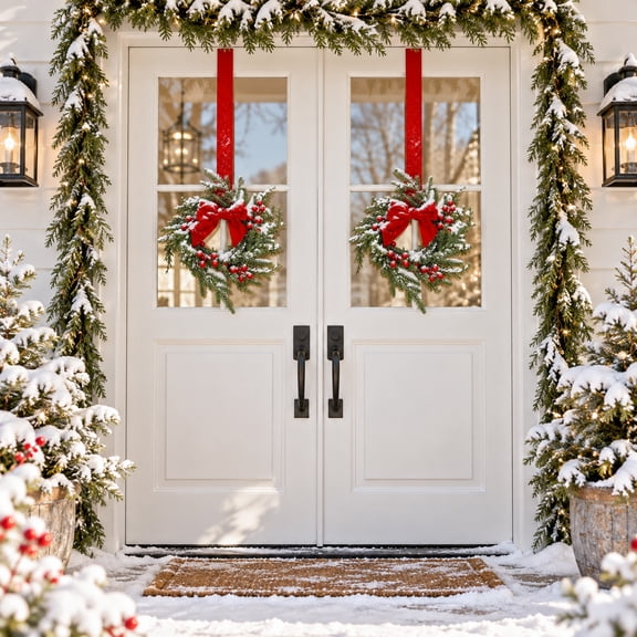 ShellKingdom 2Pcs Small Pre-Lit Christmas Wreath Lush Pine Needle Wreath with Red Berries & Black Red Checkered Ribbon for Xmas Front Door Decoration 16''