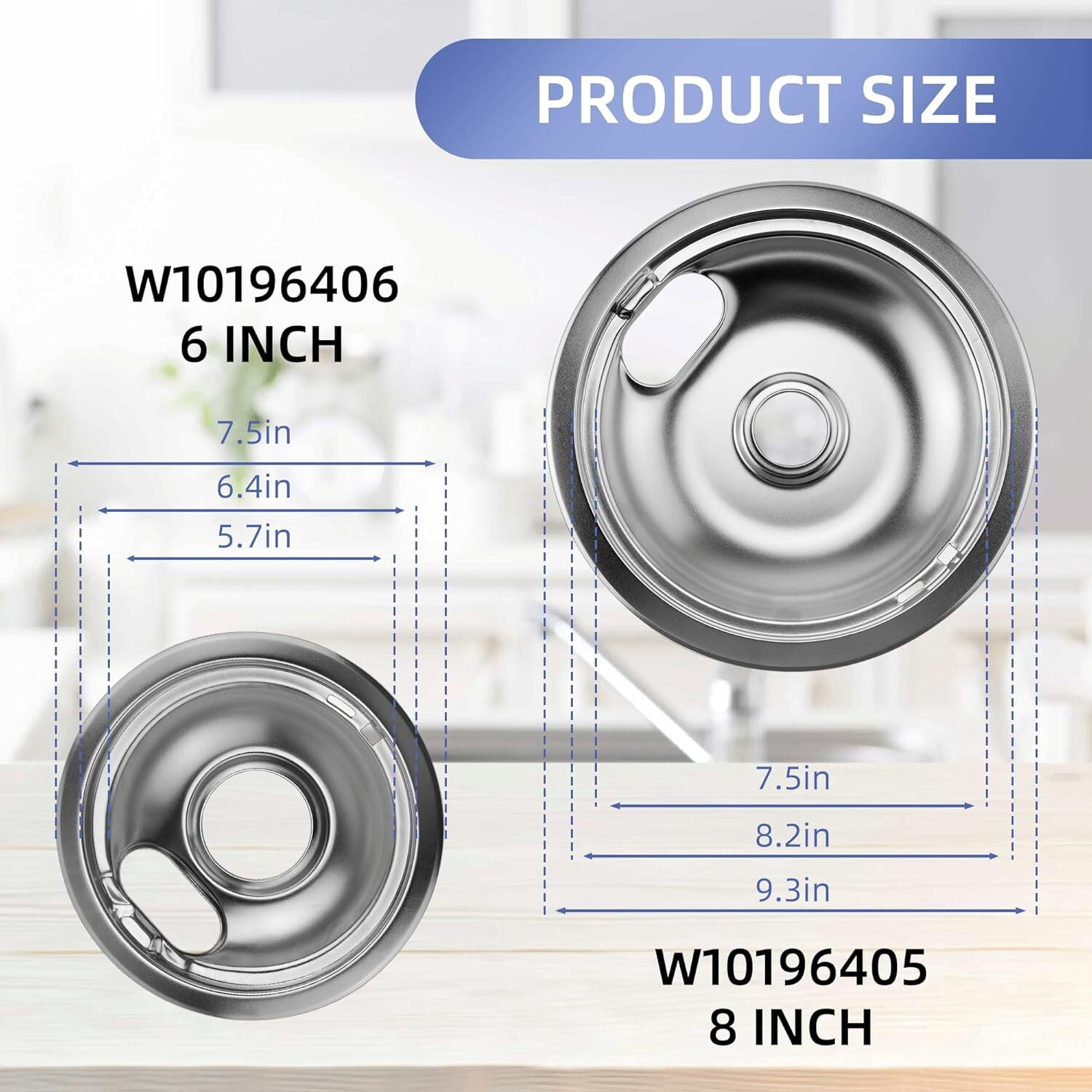 W10196406 and W10196405 Chrome Stove Burner Drip Pan Set for Whirlpool Kenmore Electric Range,Thickening to Prevent Bending and Rust,Includes 2*6-Inch and 2*8-Inch Drip Bowls