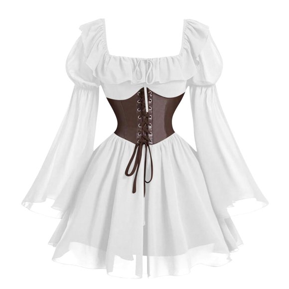 Bocqde Halloween Mini Dresses for Women Fashion Vintage Square Neck Flared Sleeve A-Line Gothic Medieval Dress Womens Chiffon Lace-Up Shaping Victorian Renaissance Dresses