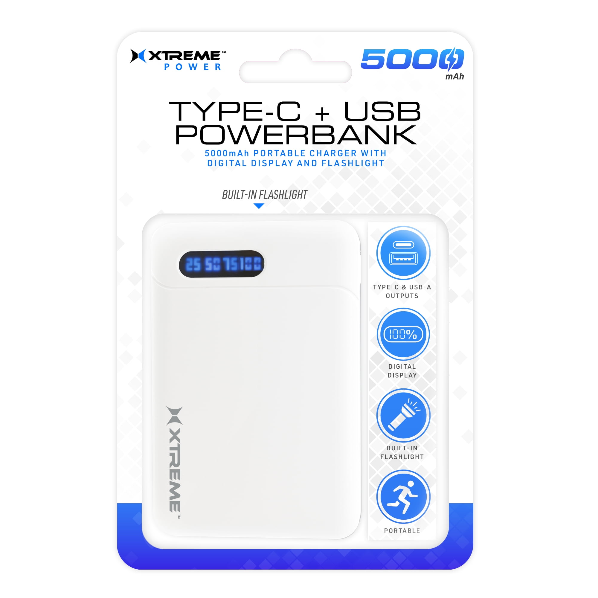 Xtreme 5000 mAh Portable Power Bank For Type-C and USB Devices,  Rechargeable, White