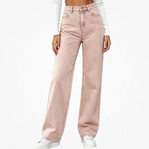 Afuyipoi Wide Leg Jeans for Women High-Waisted Loose Denim Pants Pink M
