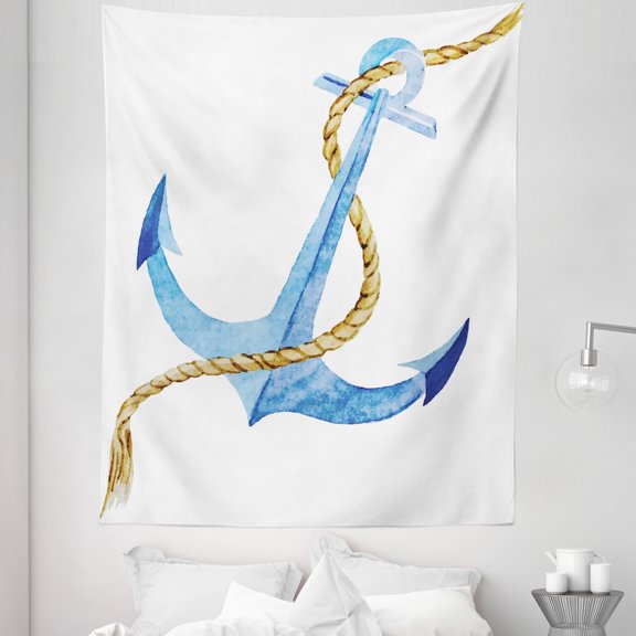 Anchor Tapestry, Watercolor Beach Things Coastal Design Ocean Adventure Journey, Fabric Wall Hanging Decor for Bedroom Living Room Dorm, 5 Sizes, Pale Blue Pale Coffee, by Ambesonne