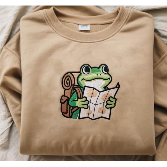 Embroidered Sweatshirt Adventure Frog with Map Cute Explorer Hiking Frog Pullover Gift for Nature Lovers, Nature Embroidered Sweatshirt