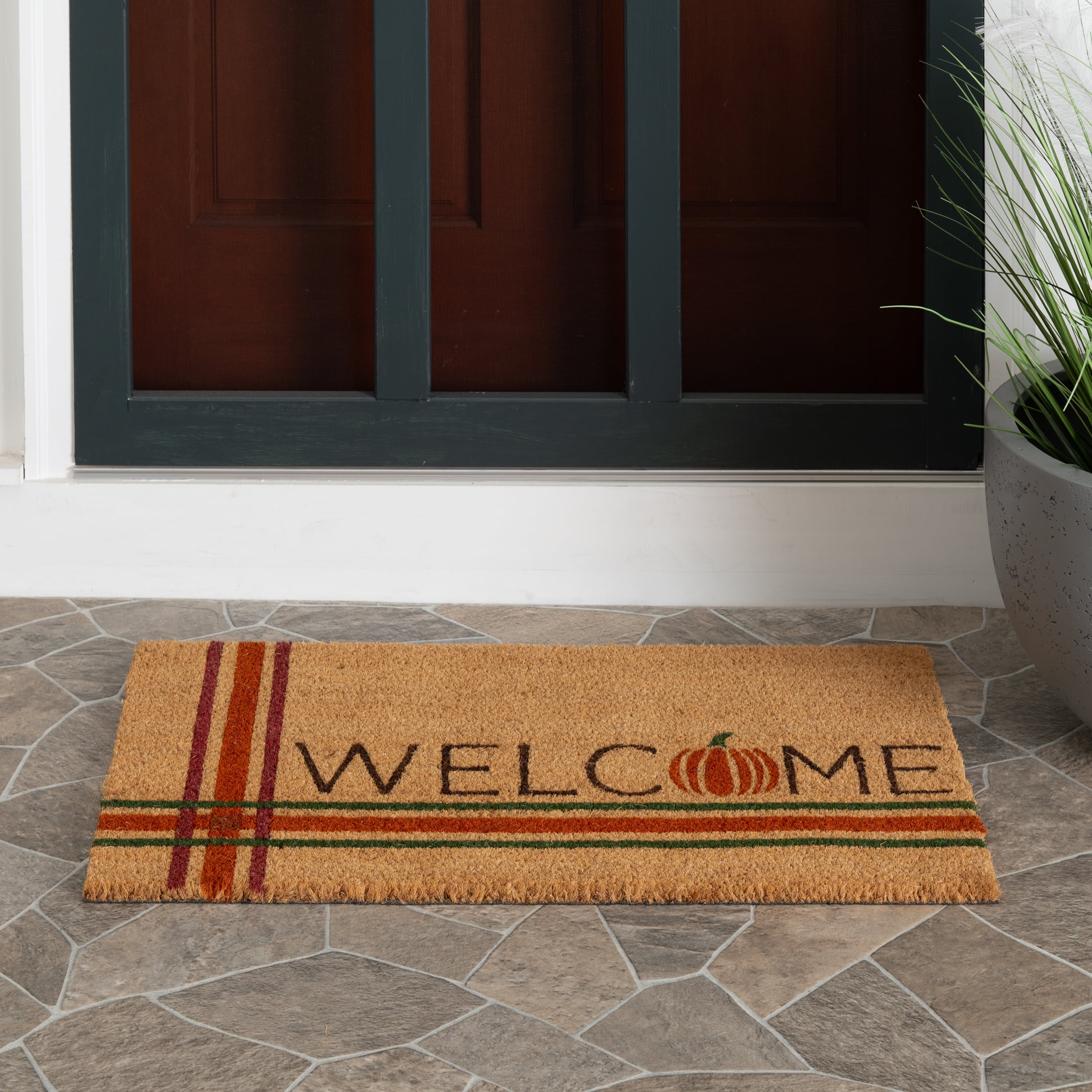 Way To Celebrate Plaid Pumpkin Welcome Coir Outdoor Mat, 18"x30"
