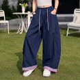 thumbnail image 4 of Generic Girls Sweatpants Baggy Barrel Pants Wide Leg Drawstring Open Bottom Casual Sweat Pants with Pockets Color Block Trendy Wear, 4 of 5