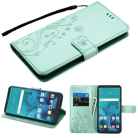 Flip Cover Cell Phone Case Phone Case for LG Stylo 4 - Pattern Flip Wallet Case Cover Stand Pouch Book Magnetic Buckle with Hand Strap 3D Butterfly Flower - Teal Green ()