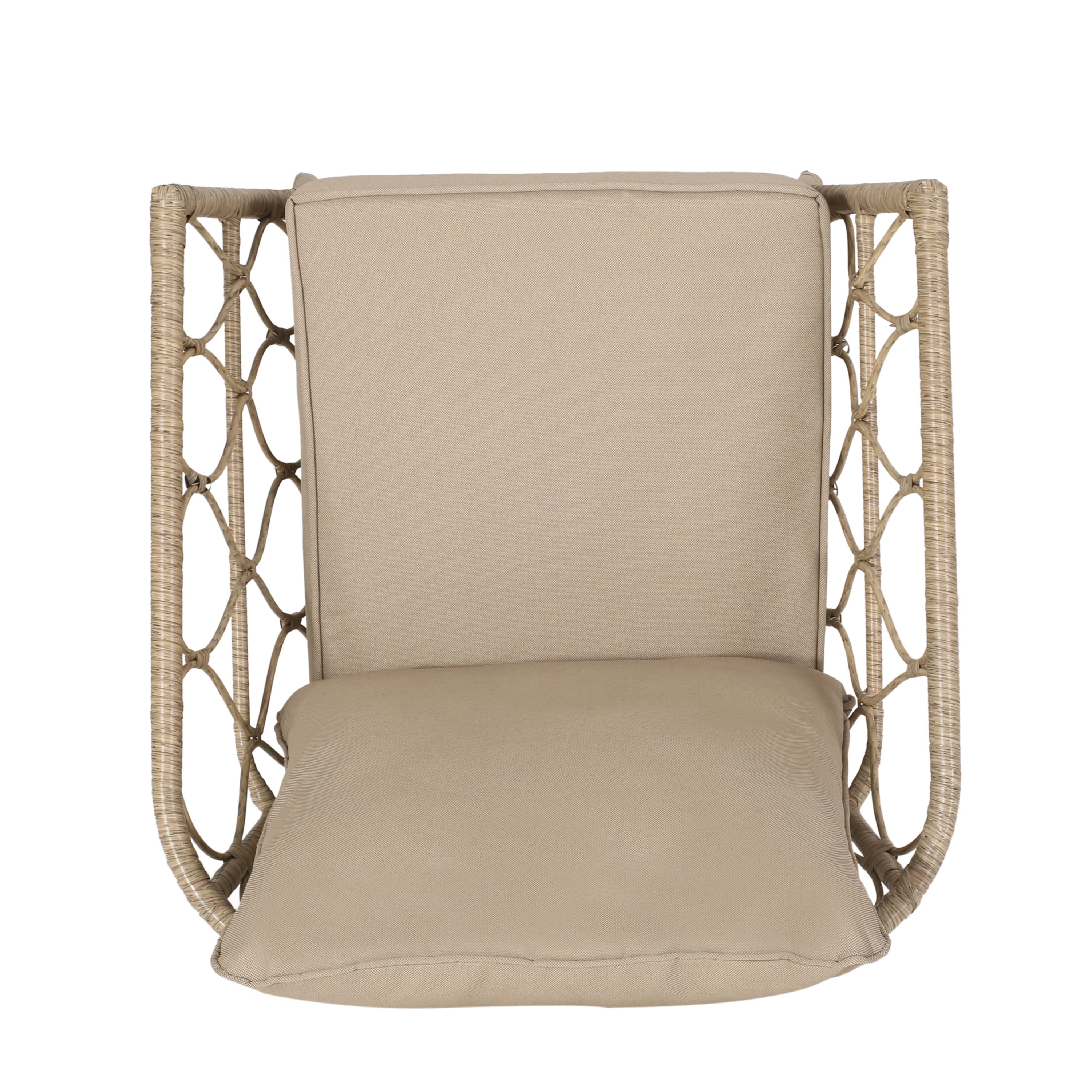 3-Piece Outdoor Bistro Chat Set with Light Brown PE Rattan and Beige Cushions, 2 Armchairs and Round Side Table for Patio Garden, Brown