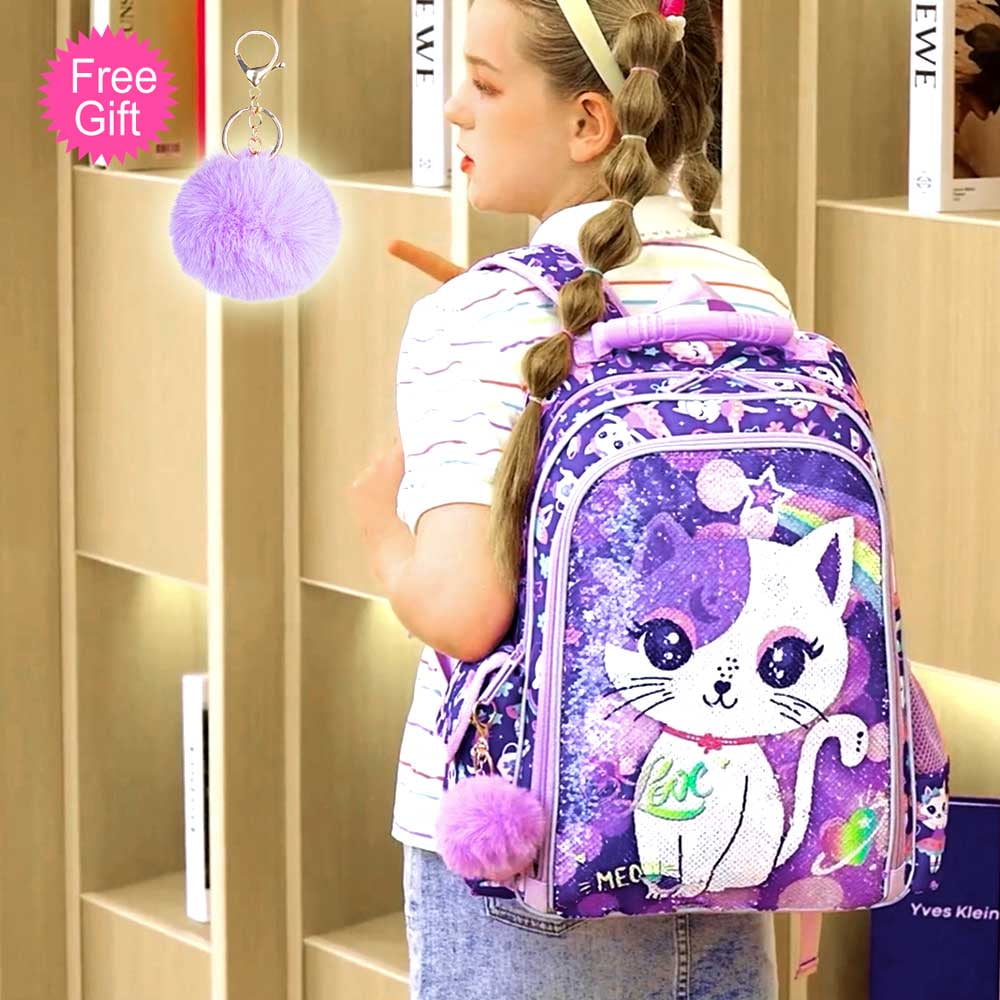 AGSDON 3PCS Cat Backpack for Girls, 16" Kids Sequin Bookbag with Lunch Box, Water Resistant School Bag for Elementary Preschool Toddler