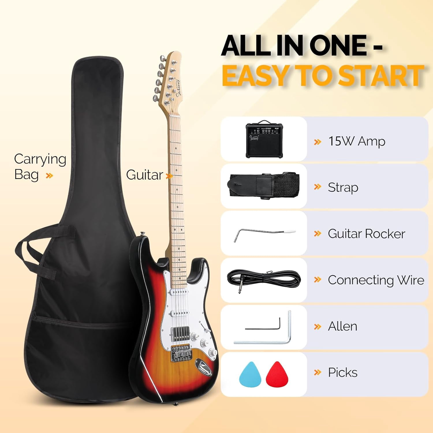 GLARRY Electric Guitar, 39" Full Size Electric Guitar Kit with HSS Pickup Coil Split for Beginner, 20W Amp and Accessories Pack Guitar Bag (Black)