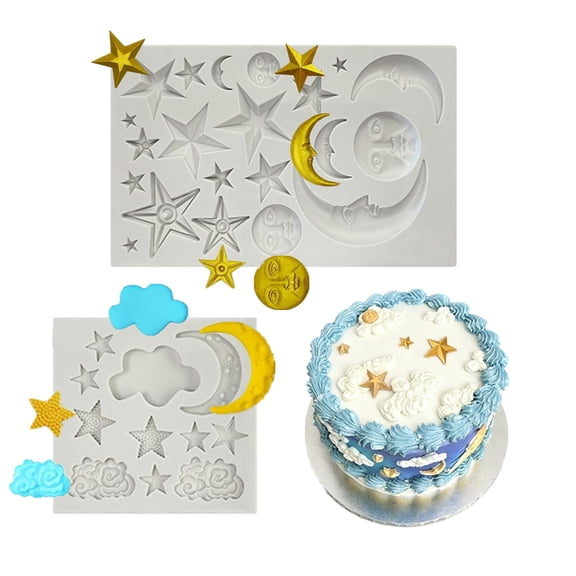 2 Pcs Silicone Moon Star Sun Face & Cloud Molds, Fondant Cake Candy Polymer Clay Mold, Moon Chocolate Mold for Cake Decorating Cupcake DIY Crafts
