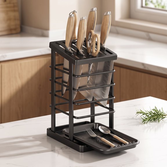 Stainless Steel Knife Holder Block with Drain Tray – Countertop Kitchen Knife Organizer, Universal Knife Stand for Chef Knives & Scissors, Durable Alternative to Magnetic Strips