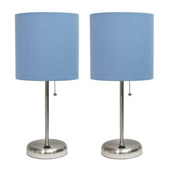 LimeLights Lampe Décorative pour la Maison avec Port de Charge USB, Abat-Jour en Tissu Bleu et Base en Acier Brossé - Ensemble de 2