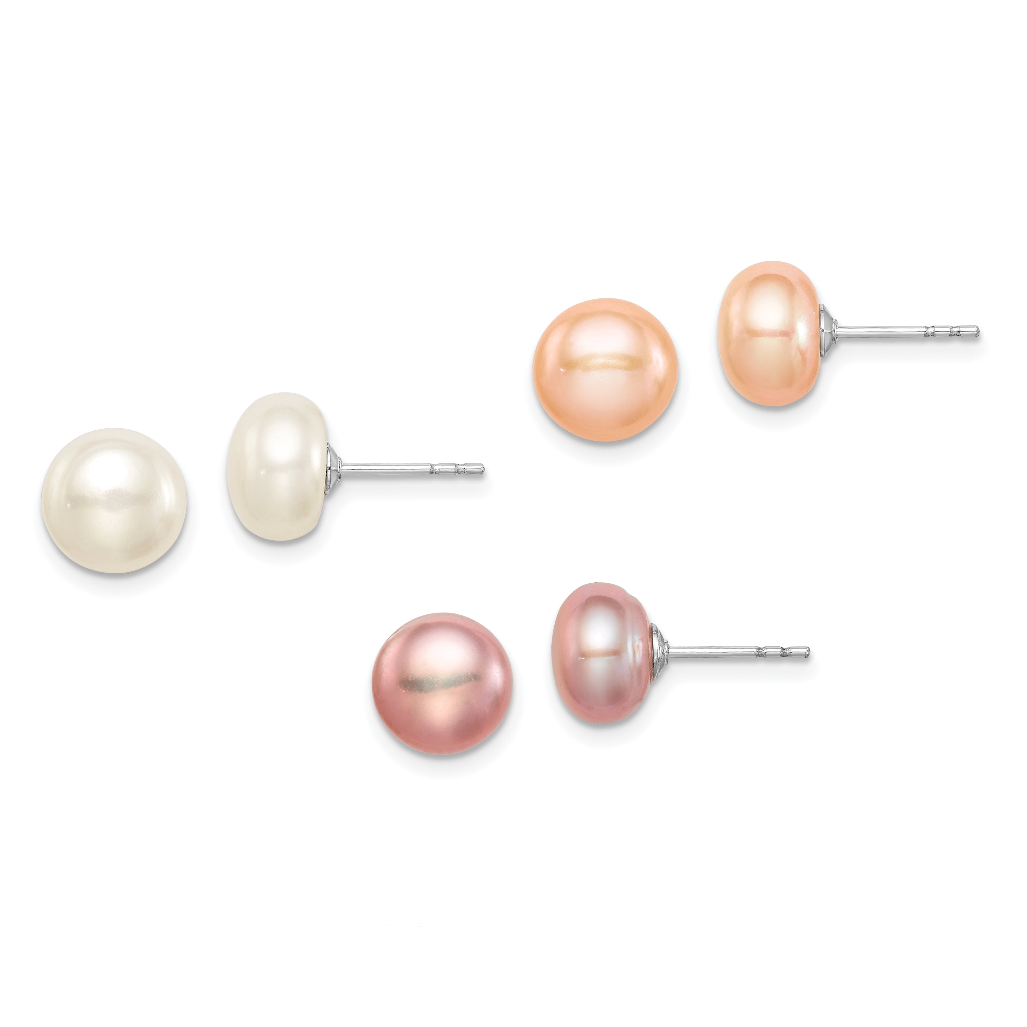 Beautiful Sterling silver 925 sterling Sterling Silver Rhodium 8-9mm Multi-Color Set of 3 FWC Pearl Button Studs 