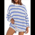 thumbnail image 1 of Conjunto de Pijama de Dos Piezas para Mujer, de Gran Tamaño, con Suéter A Rayas, Top de Larga y Pantalones Cortos. Azul L, 1 of 5