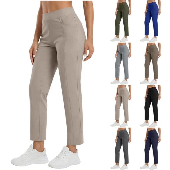 APEXFWDT Women's Golf Pants Casual Ankle Length Pants, Lightweight Travel Hiking Pants with Pockets,L,Beige