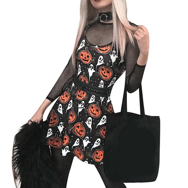 Txlixc Vestido de tirante femenino, vestido de verano de calabaza de Halloween con cuello en u Txlixc moda