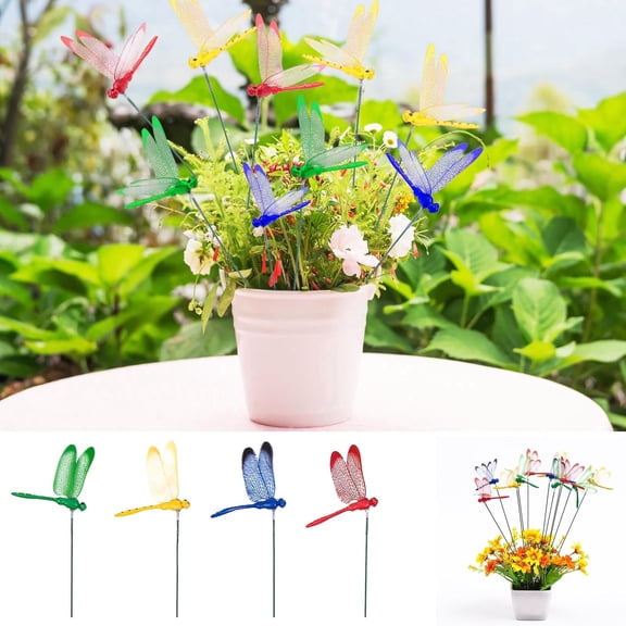 4 Pack Dragonfly Decor,3D Dragonfly Garden Stakes Decor,Fly Deterrent, Dragonfly Humming Bird Stakes,Deer and Horse Fly Deterrent,Garden Bird and Fly Scare Devices for Indoor Outdoor Garden