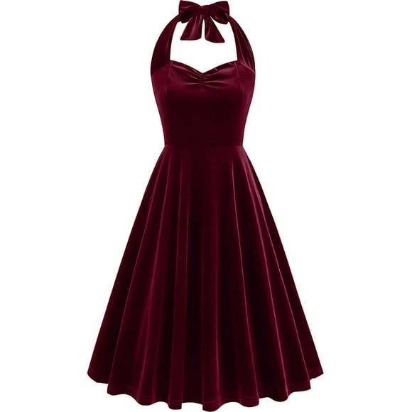 LOVZFMLL Dresses Women's Neck Hanging Sleeveless Style Retro Gold Velvet Solid Color Dress Formal Dress