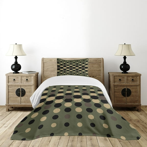 Ambesonne Olive Green Quilted Bedspread Set 2 Pcs, Halftone Circles, Twin Size, Multicolor