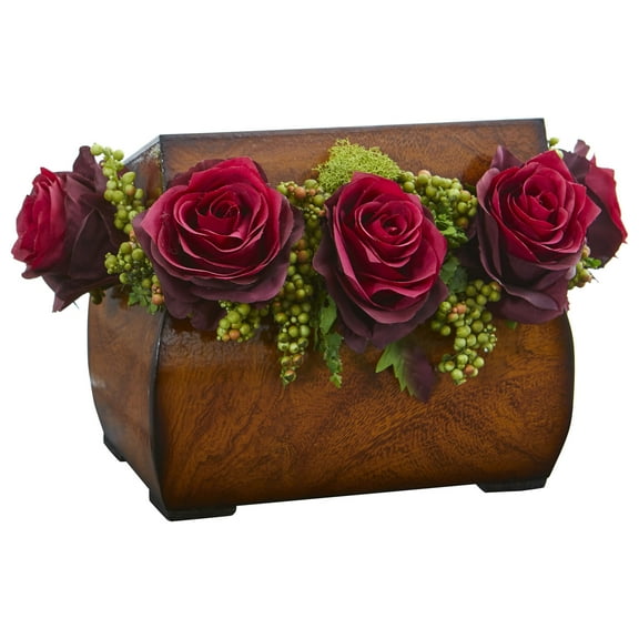 Nearly Natural Roses Artificial Arrangement in Decorative Chest, Burgundy